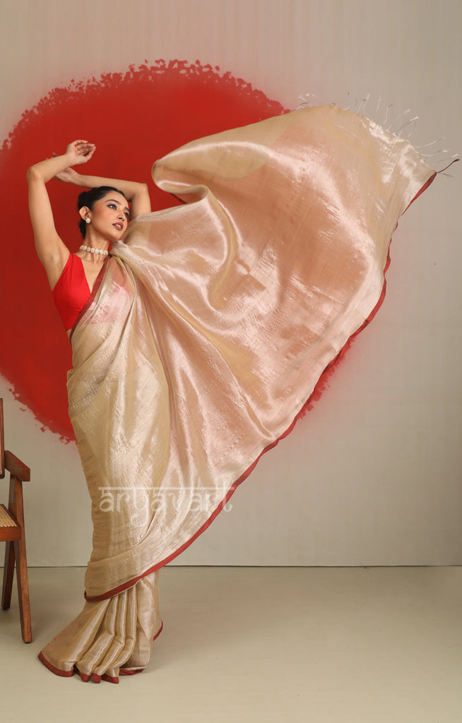 Champagne Tissue Cotton saree With A Thin Red Border