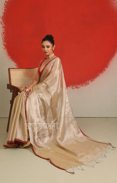 Champagne Tissue Cotton saree With A Thin Red Border