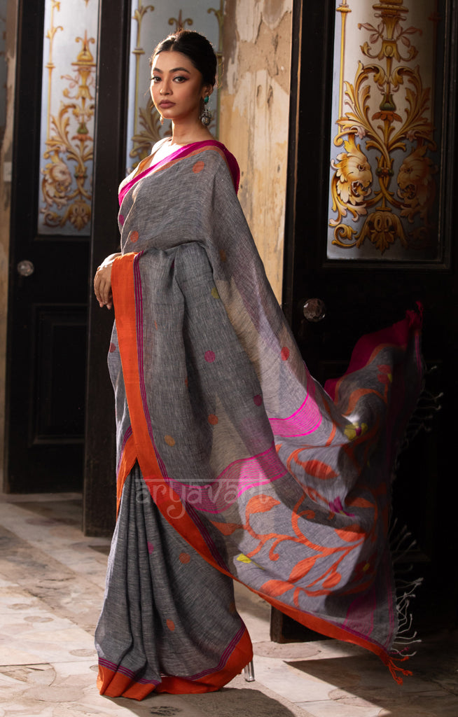 Grey Linen Saree With Stunning Woven Jamdani Design