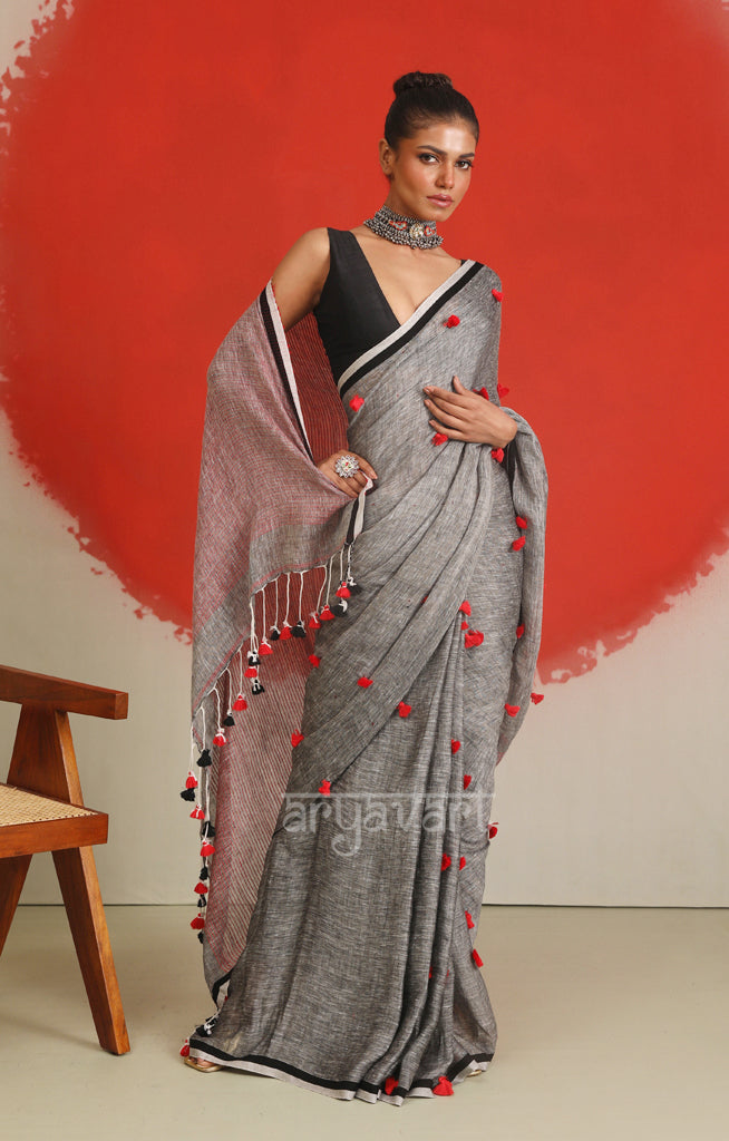 Stunning Grey Linen Saree With Woven in Pom Pots