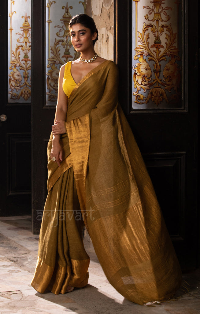 Olive Green Textured Linen Saree With a striking Gold Zari Border & Pallu