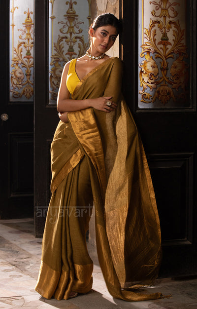 Olive Green Textured Linen Saree With a striking Gold Zari Border & Pallu