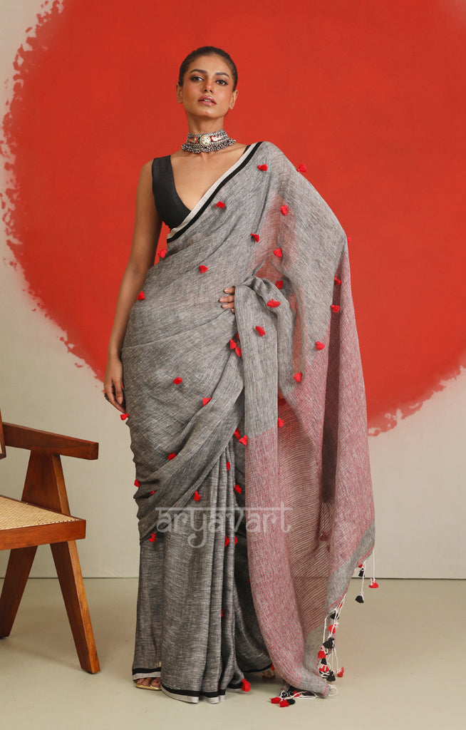 Stunning Grey Linen Saree With Woven in Pom Pots