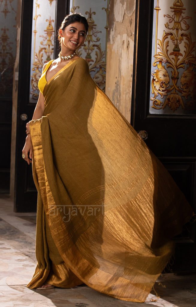 Olive Green Textured Linen Saree With a striking Gold Zari Border & Pallu