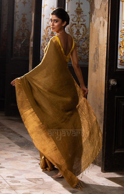 Olive Green Textured Linen Saree With a striking Gold Zari Border & Pallu