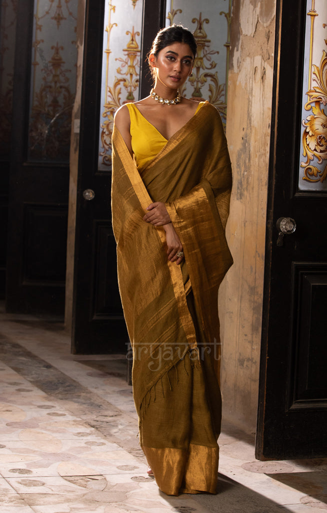 Olive Green Textured Linen Saree With a striking Gold Zari Border & Pallu