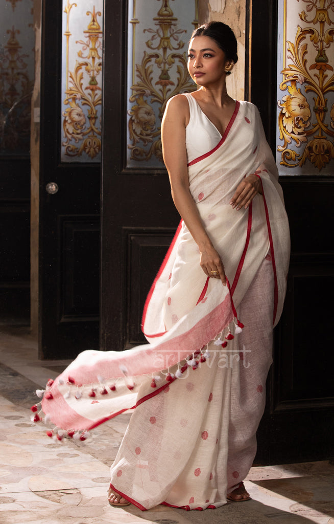 Pearl White Linen saree With Woven Red Polka Dot Buttas