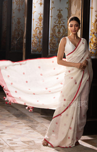 Pearl White Linen saree With Woven Red Polka Dot Buttas