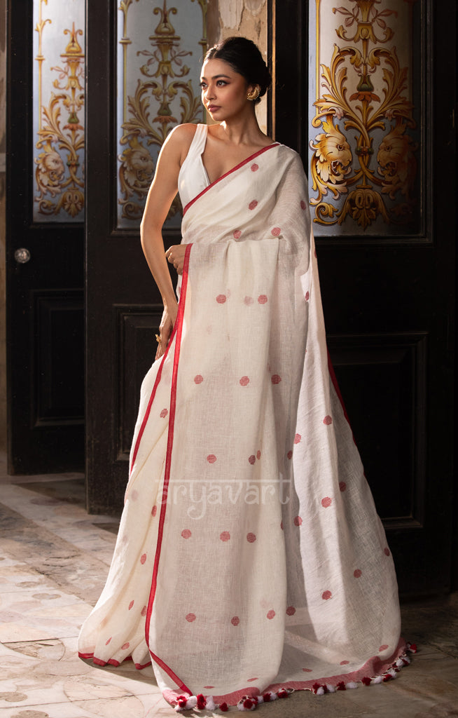 Pearl White Linen saree With Woven Red Polka Dot Buttas