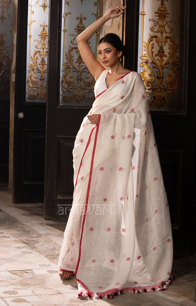 Pearl White Linen saree With Woven Red Polka Dot Buttas