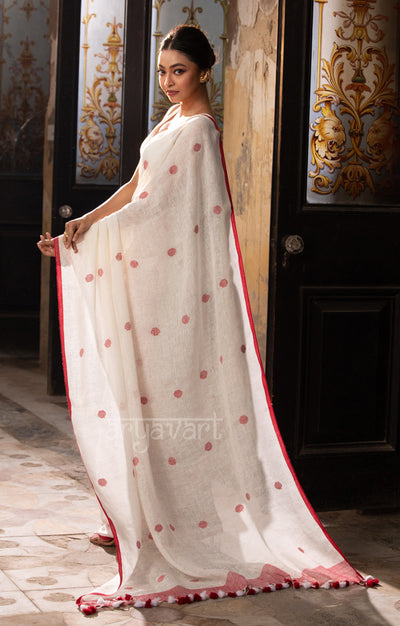 Pearl White Linen saree With Woven Red Polka Dot Buttas