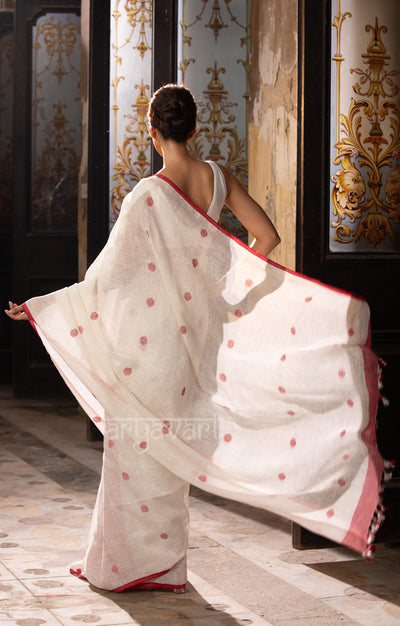 Pearl White Linen saree With Woven Red Polka Dot Buttas