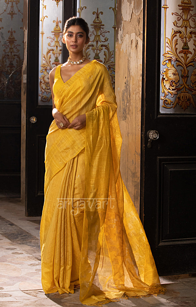 Sunshine Yellow Matka Silk Saree With  Jamdani  Woven Design