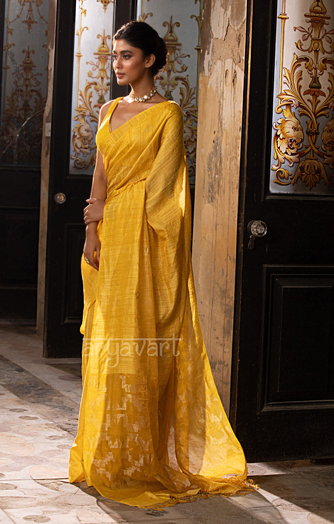 Sunshine Yellow Matka Silk Saree With  Jamdani  Woven Design