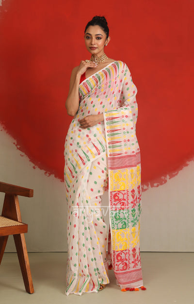 White Jamdani Saree with Woven Multicolour Butta & Pallu