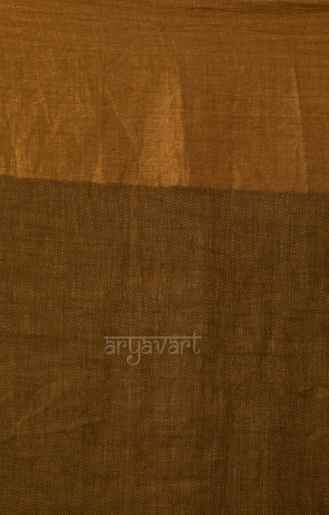 Olive Green Textured Linen Saree With a striking Gold Zari Border & Pallu