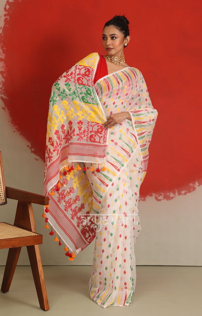 White Jamdani Saree with Woven Multicolour Butta & Pallu