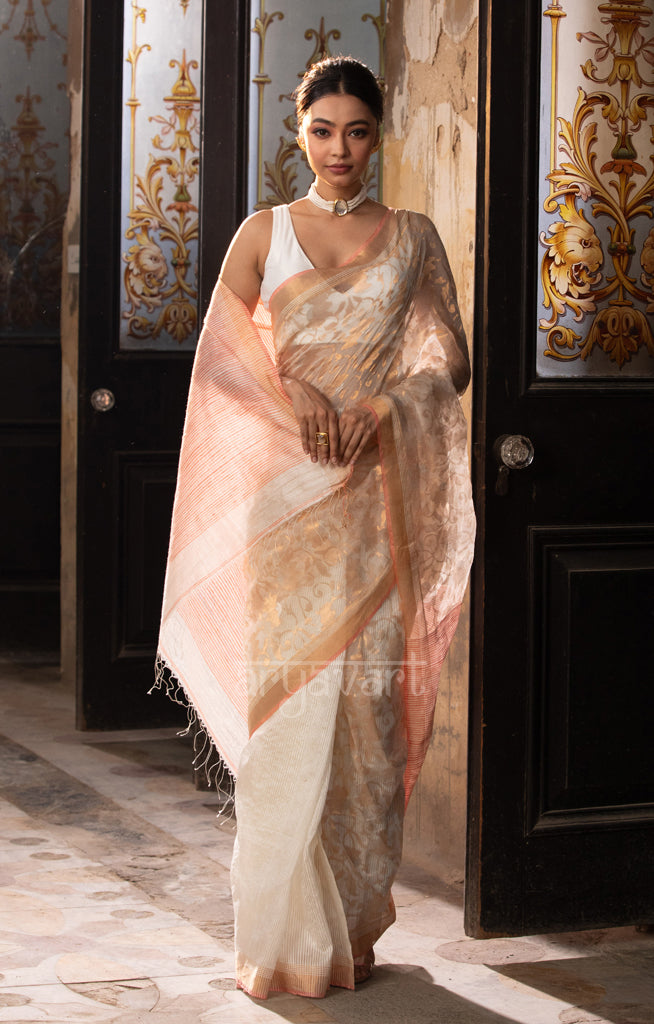 Pearl White Matka Silk Saree With Striking Jaal Jamdani Design in Zari