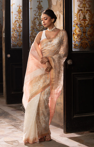 Pearl White Matka Silk Saree With Striking Jaal Jamdani Design in Zari