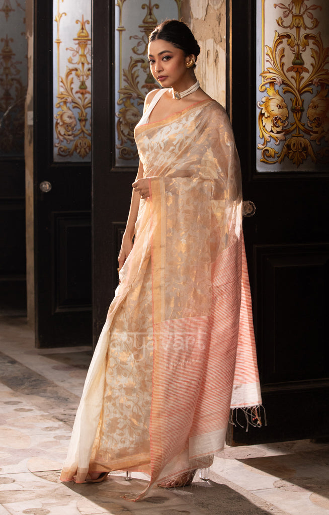 Pearl White Matka Silk Saree With Striking Jaal Jamdani Design in Zari