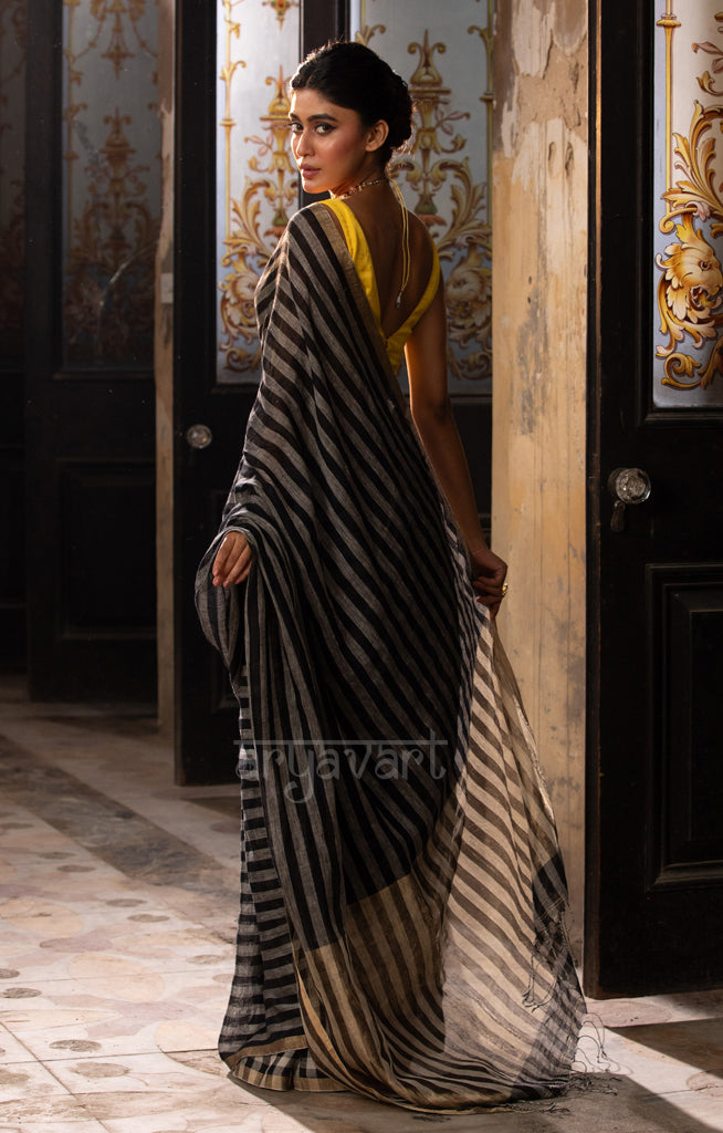 Black & Beige Striped Linen Saree