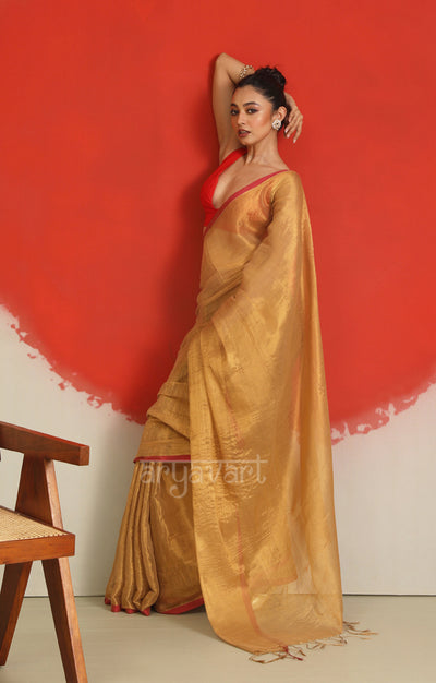 Gold Tissue Cotton saree With A Thin Red Border