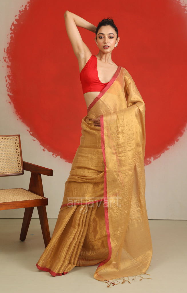 Gold Tissue Cotton saree With A Thin Red Border