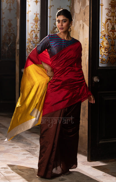 Walnut Brown & Red Silk Chanderi Saree with a Stunning Sunset Gold Pallu