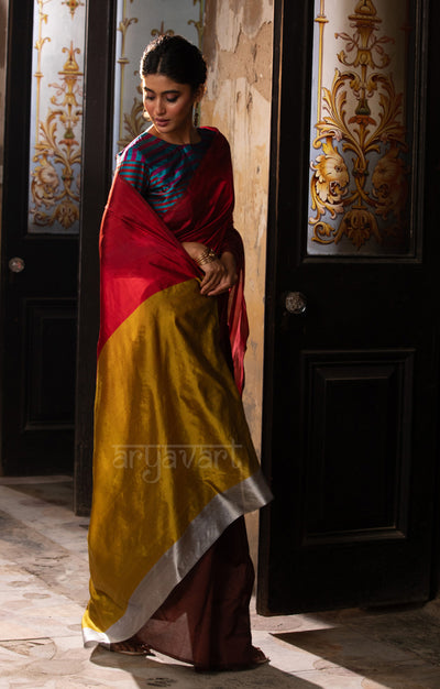 Walnut Brown & Red Silk Chanderi Saree with a Stunning Sunset Gold Pallu