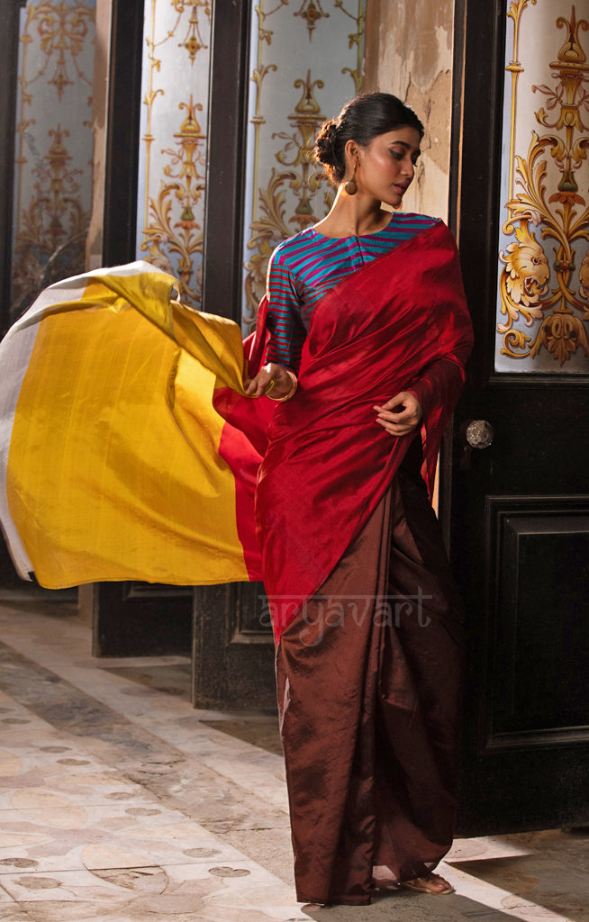 Walnut Brown & Red Silk Chanderi Saree with a Stunning Sunset Gold Pallu