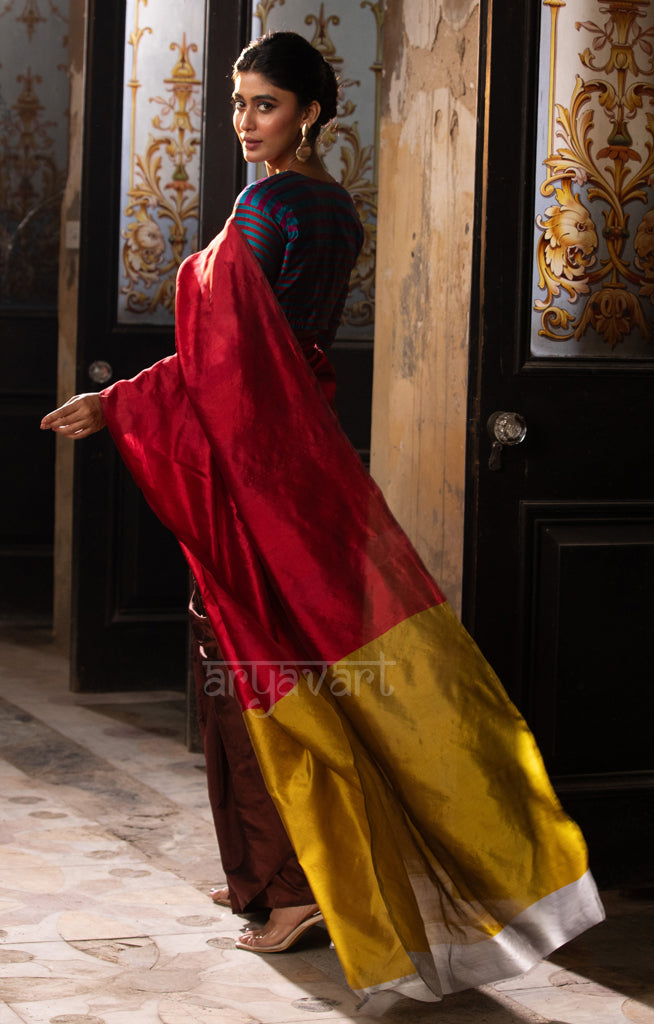 Walnut Brown & Red Silk Chanderi Saree with a Stunning Sunset Gold Pallu