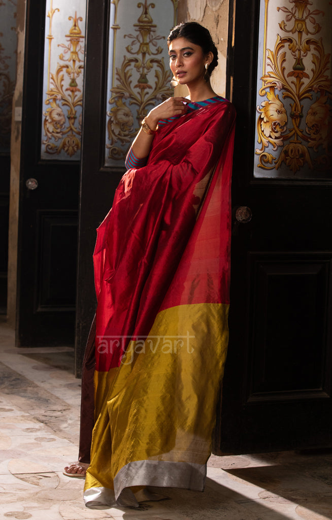 Walnut Brown & Red Silk Chanderi Saree with a Stunning Sunset Gold Pallu