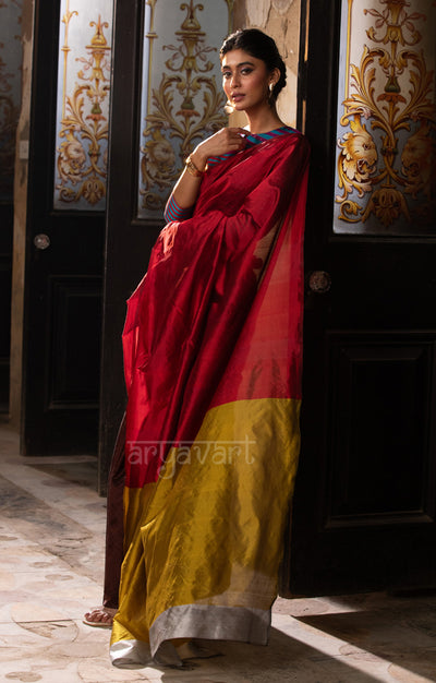 Walnut Brown & Red Silk Chanderi Saree with a Stunning Sunset Gold Pallu