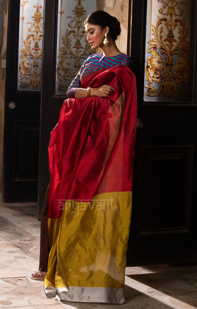 Walnut Brown & Red Silk Chanderi Saree with a Stunning Sunset Gold Pallu