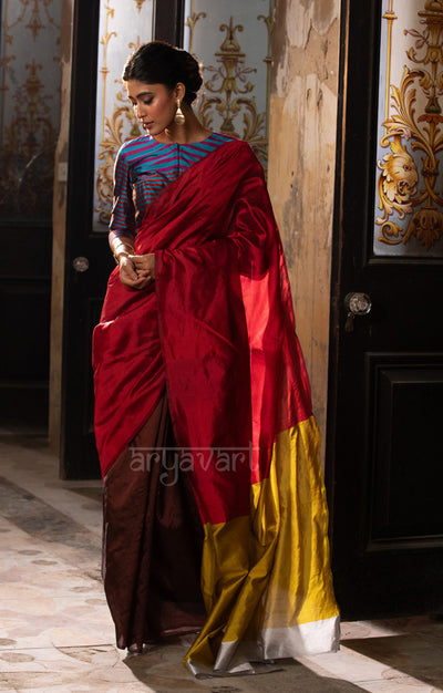 Walnut Brown & Red Silk Chanderi Saree with a Stunning Sunset Gold Pallu