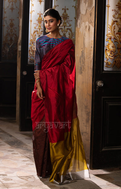 Walnut Brown & Red Silk Chanderi Saree with a Stunning Sunset Gold Pallu