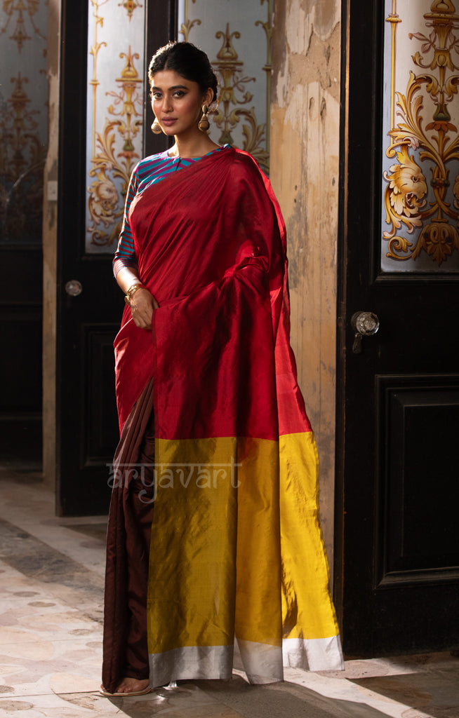 Walnut Brown & Red Silk Chanderi Saree with a Stunning Sunset Gold Pallu