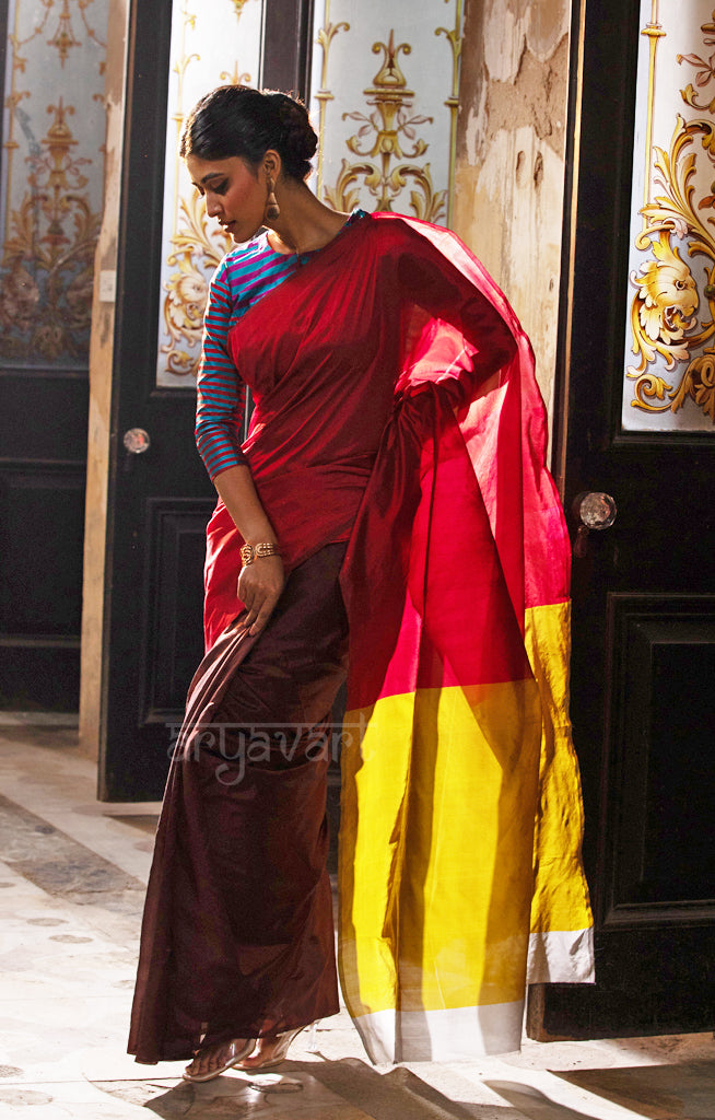 Walnut Brown & Red Silk Chanderi Saree with a Stunning Sunset Gold Pallu