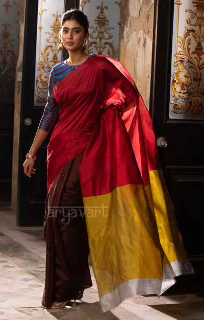 Walnut Brown & Red Silk Chanderi Saree with a Stunning Sunset Gold Pallu