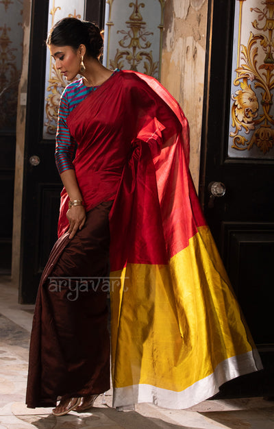 Walnut Brown & Red Silk Chanderi Saree with a Stunning Sunset Gold Pallu