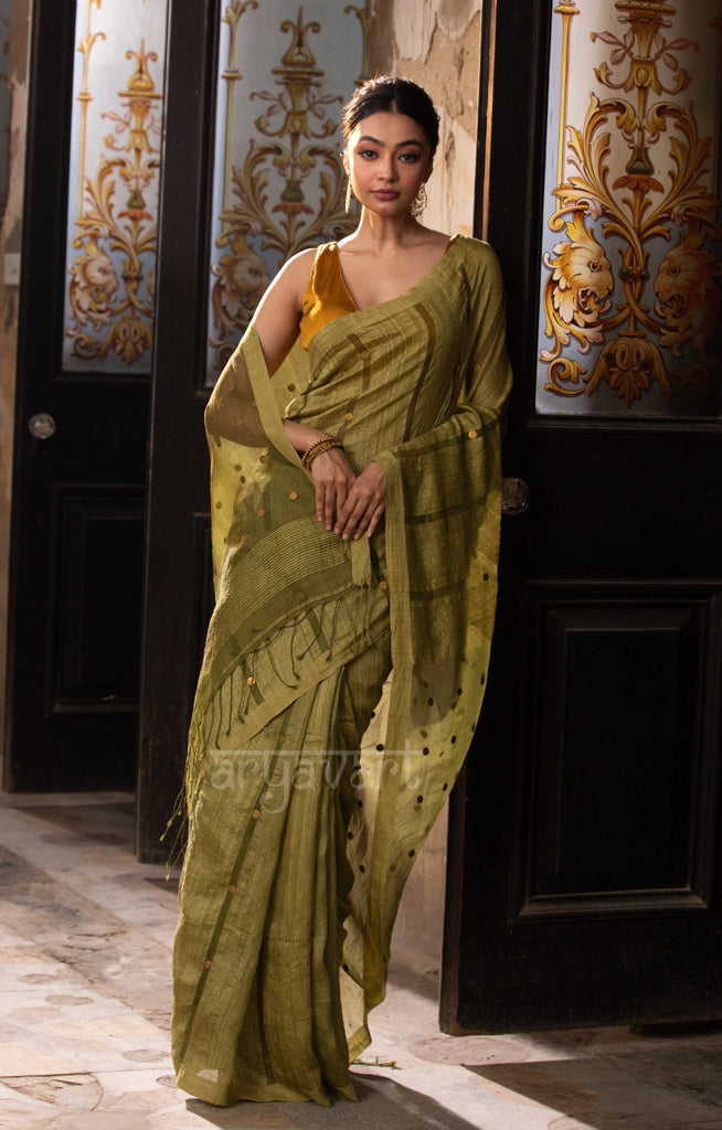 Olive Green Matka Silk Saree With Woven Sequence