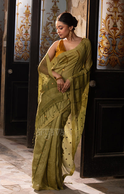 Olive Green Matka Silk Saree With Woven Sequence