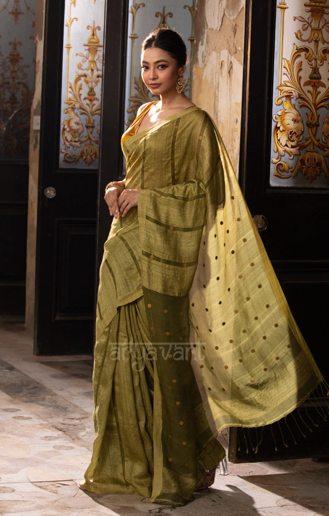 Olive Green Matka Silk Saree With Woven Sequence