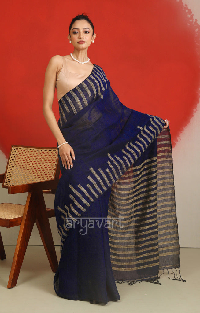 Midnight Blue Linen Saree With Ghicha Woven Design