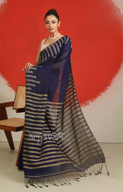 Midnight Blue Linen Saree With Ghicha Woven Design