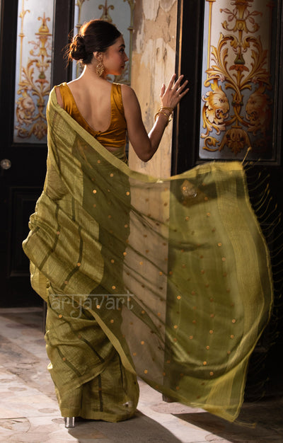 Olive Green Matka Silk Saree With Woven Sequence