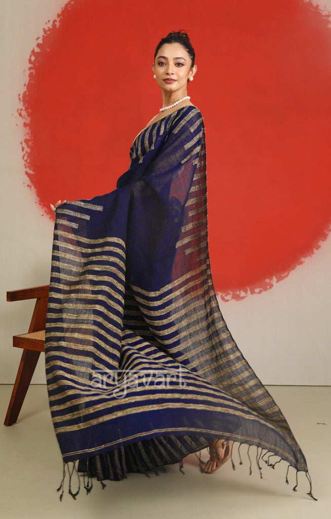 Midnight Blue Linen Saree With Ghicha Woven Design