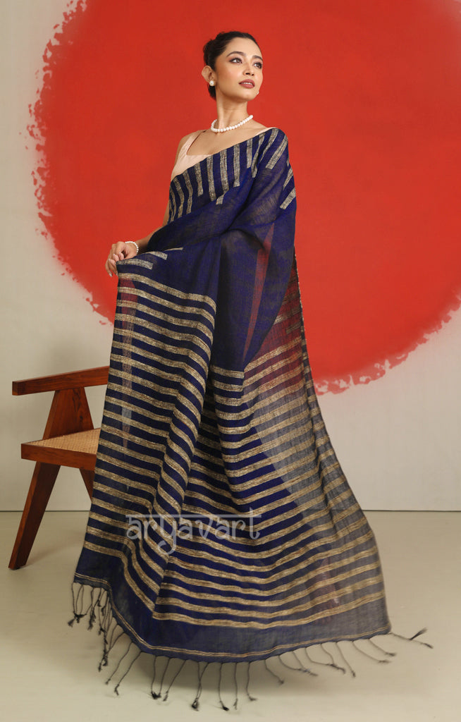 Midnight Blue Linen Saree With Ghicha Woven Design