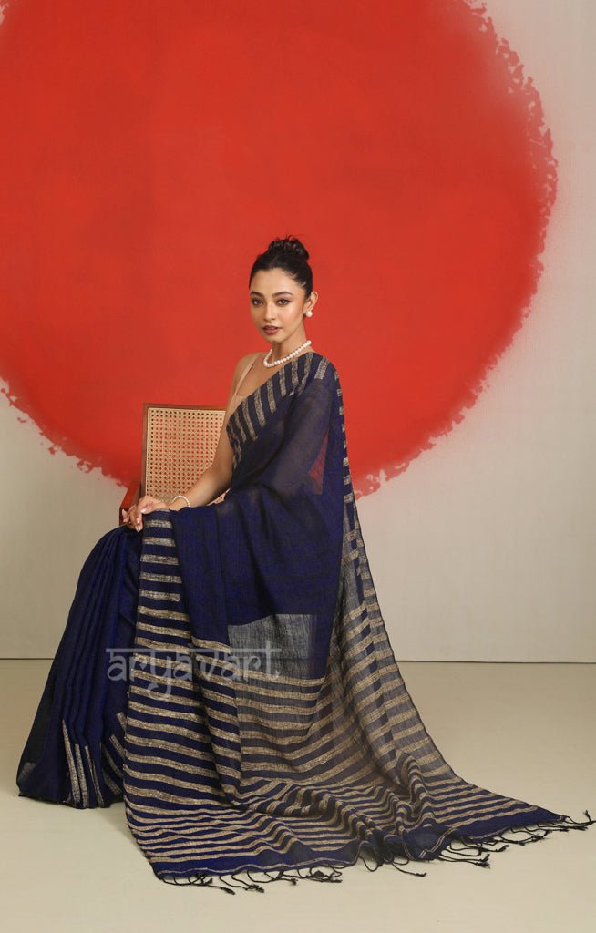 Midnight Blue Linen Saree With Ghicha Woven Design