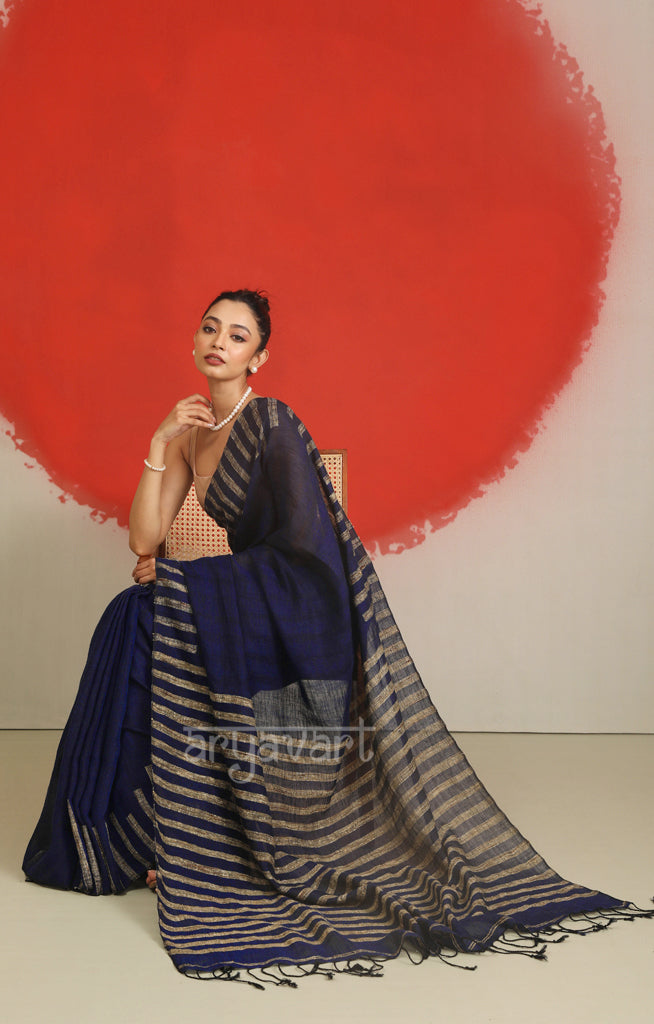 Midnight Blue Linen Saree With Ghicha Woven Design